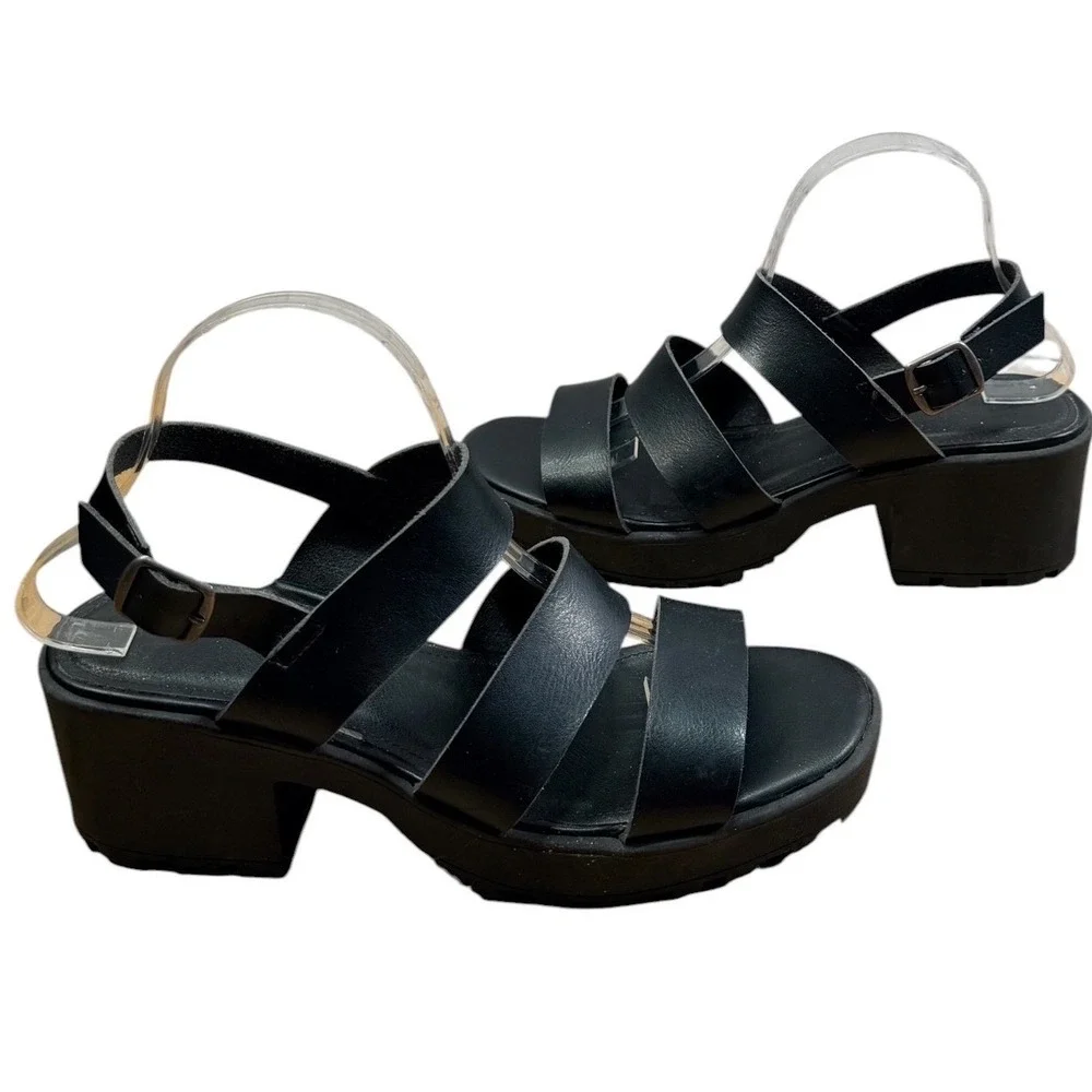 Lugsy Sandals Women 10 Black Platform Lug Sole Goth Grunge Strappy Faux Leather